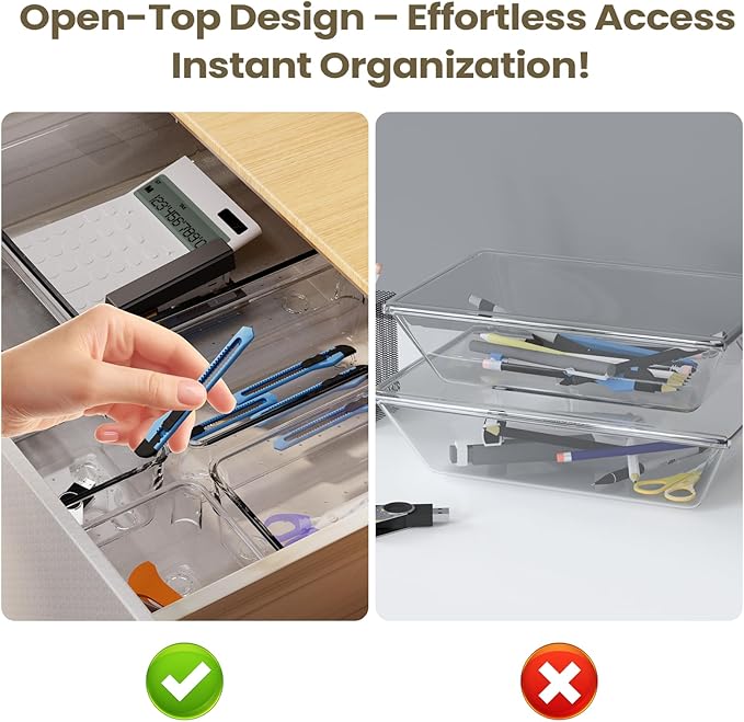 6 PCS Clear Plastic Drawer Organizer Set, 2 Sizes Acrylic Drawer Storage Trays Non Slip Storage Bins for Makeup, Jewelry, Gadgets for Kitchen, Bedroom, Bathroom, Office