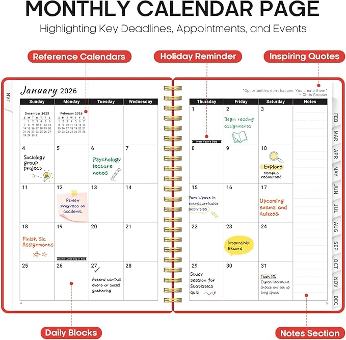 2026 Planner, Weekly and Monthly Calender Planner, Jan 2026 to Dec 2026, Hardcover 2026 Calendar Planner Book with Tabs & Inner Pocket, Office Home School Supplies for Women & Men - A5 (6.3" x 8.5"), Tomato Red
