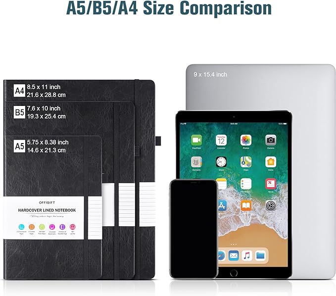 Lined Journal Notebook, Large A5 College Ruled Notebook, 312 Numbered Pages Work Notebook with Index Stickers, 100gsm Paper, Hardcover Vegan Leather Journal for Women Men School Office, Grey Blue