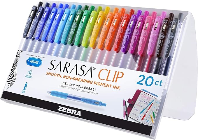 Zebra Pen Sarasa Clip Retractable Gel Pen, 0.5mm Fine Point, Rainbow Assorted Colors, Ideal for School Supplies and Teacher Supplies, 20-Pack (47220)