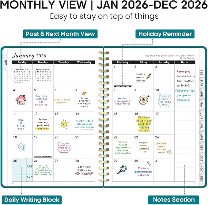 2026 Planner 8.5" x 11", Weekly and Monthly Calendar Planner Book, January 2026 - December 2026, Hardcover Spiral Planner with Monthly Tabs, Notes Pages, Perfect for Women & Men, A4 - Turquoise