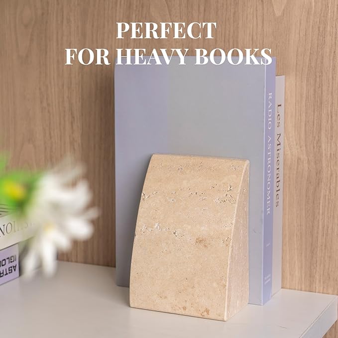 Koville Travertine Bookends for Shelves, Large Stone Bookends for Heavy Books, Non-Slip Heavy Duty Book Stopper for CD/Movies, Aesthetic Decorative Book Ends for Bookshelf Table Home Decor(Beige)