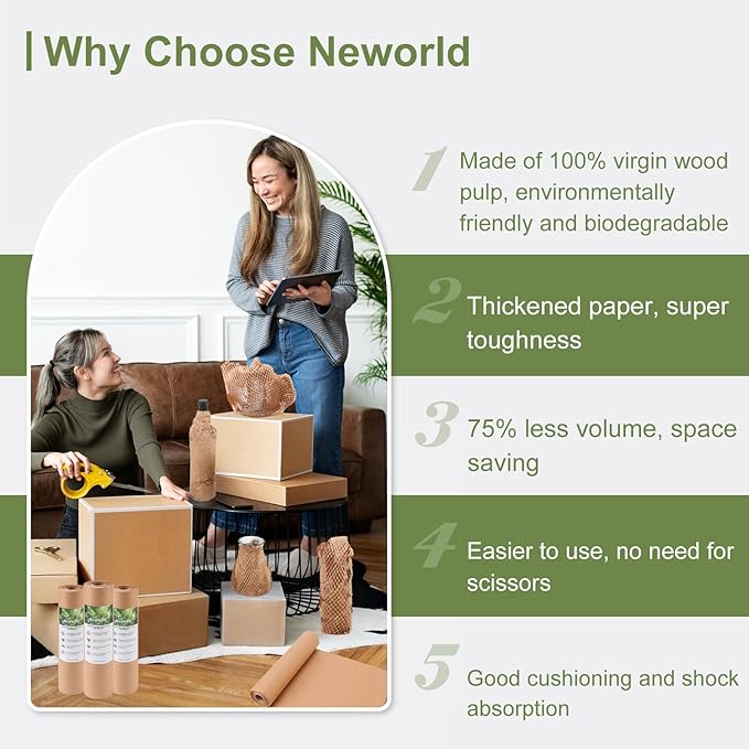 Neworld Honeycomb Packing Paper,12" x 100' Eco Friendly Bubble Cushioning Wrap for Moving,Products & Gifts Wrapping Paper,Recyclable Cushioning Packing Material With 20 Fragile Sticker Labels