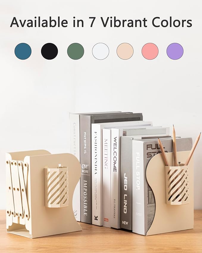 Kingsmile Book Ends, Adjustable Bookends for Shelves, Metal Bookends for Heavy Books, Book Stopper Organzier with Pen Holder for Desk, Kids Room, Office, Classroom, Library, Study Room.(Light Beige)