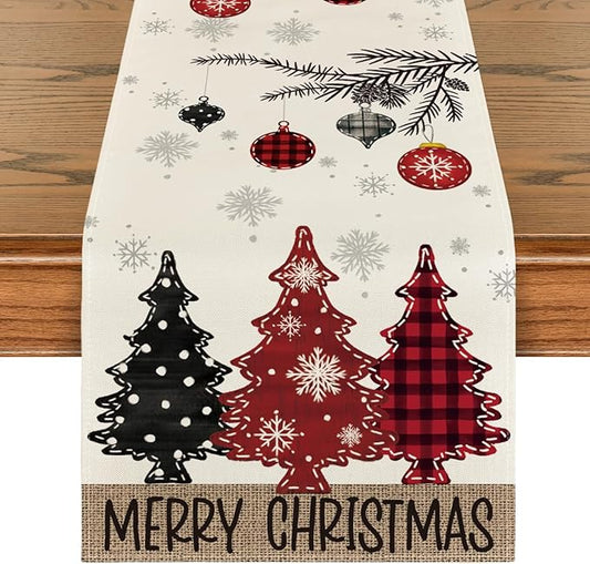 Artoid Mode Red Pine Trees Merry Christmas Table Runner, Winter Xmas Holiday Kitchen Dining Table Decoration for Home Party Decor 13x120 Inch