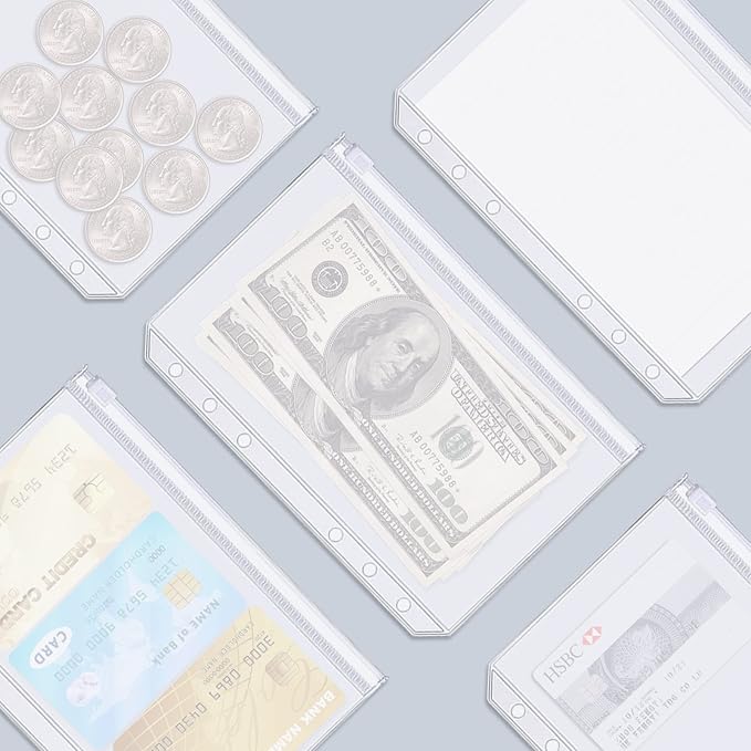 Binder Pockets, 20pcs A5 Size 6 Holes Binder Pockets, [Waterproof PVC Pouch] Premium Clear Binder Zipper Folders Document Filing Bags for 6-Ring Notebook Binder Loose Leaf Bags,-Clear