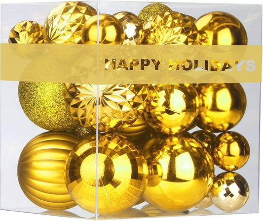 Gold Christmas Ornaments - Christmas Tree Decorations Shatterproof Hanging Balls for Birthday Wedding Holiday Decor Set of 36pcs, Multi-Sizes(1.6",2.5",3.2")