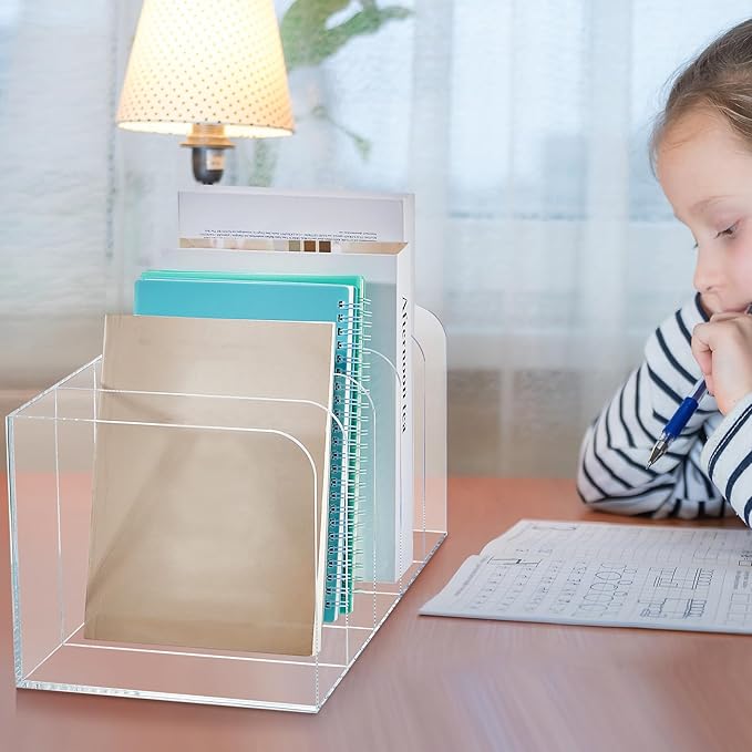 Suzile Clear Acrylic Magazine File Holder with Vertical Compartments Desk Organizer Book Rack for Desk Sorter Paper Folder Office Accessories(Clear,14.2 x 7.2 x 6.5 Inch)
