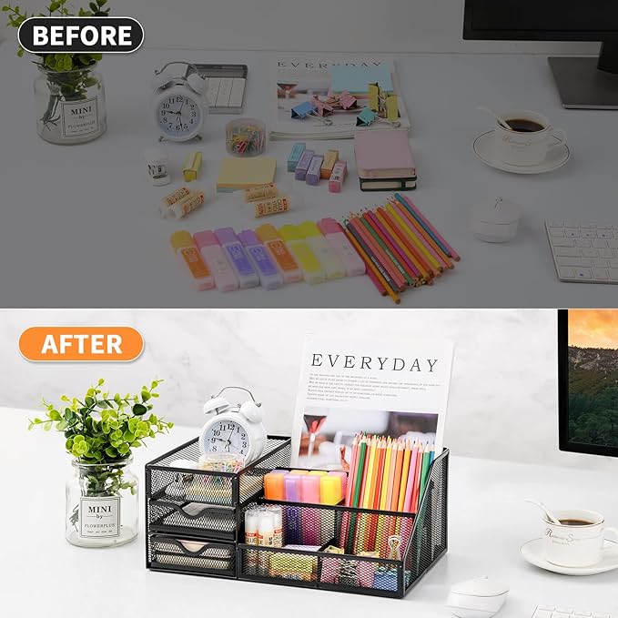 Lavatino Larger Mesh Desk Organizer with Drawers, Multifunctional Desk Organizers and Accessories with 6 compartments + 2 Drawer, Office Desktop Organization for supplies (Black)