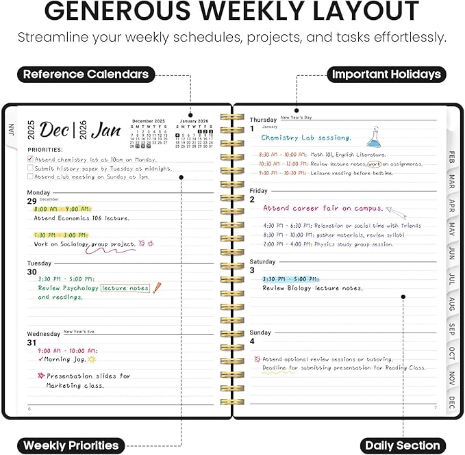 2026 Planner, Weekly and Monthly Calender Planner, Jan 2026 to Dec 2026, Hardcover 2026 Calendar Planner Book with Tabs & Inner Pocket, Office Home School Supplies for Women & Men - A4 (8.5" x 11"), Black