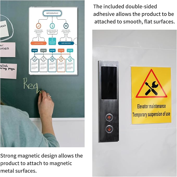 Acrylic Rigid Sign Holder 8.5 x 11 3Pack with Magnet and Self-adhesive, Horizontal and Vertical for Wall/Door/Window/Metal Surface, for Office/Store/Elevator Notices Poster Document Display