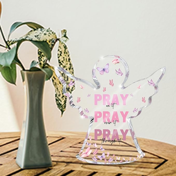 Pink Home Office Desk Accessories, Acrylic Memorial Gift, Dorm Room Decor for Women, Christian Gifts for Women, Remembrance Gifts, Pray Over It- Bible Verse Desk Art(Angel Style)