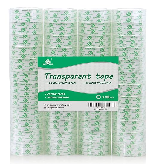 BOMEI PACK 48 Rolls Crystal Clear Transparent Tape, Stationery Tape Refills Rolls for Dispenser, 3/4 in x 1000 in,1 inch Core, Gift Wrapping Tape for Office, School and Home