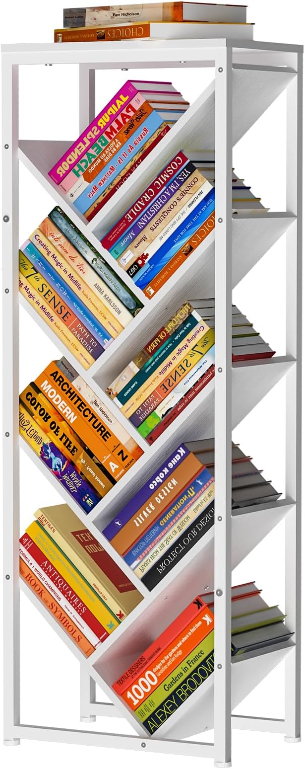 9 Tier Tree Bookshelf - White Book Shelf Floor Standing Modern Bookcase for Hardcover Books, Small Bookshelf for Small Spaces Bookshelves Wooden Book Storage Organizer Shelves for Bedroom Living Room