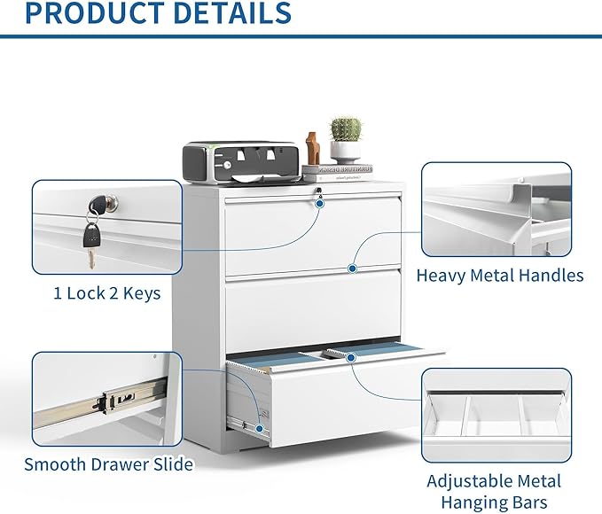 Lateral File Cabinet 3 Drawer, Metal File Cabinets for Home Office Legal/Letter A4 Size, File Cabinet with Lock, Require Assembly, White