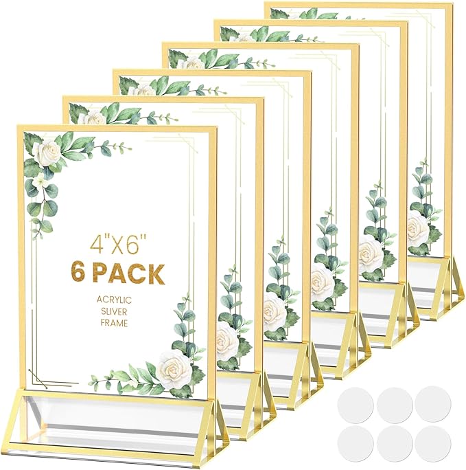 4X6 Acrylic Sign Holder Tabletop Gold Frames 4X6 Picture Frames for Wedding Table Numbers Display Stand Flyer Holder with Double Sided Sticky Dots-6Pack