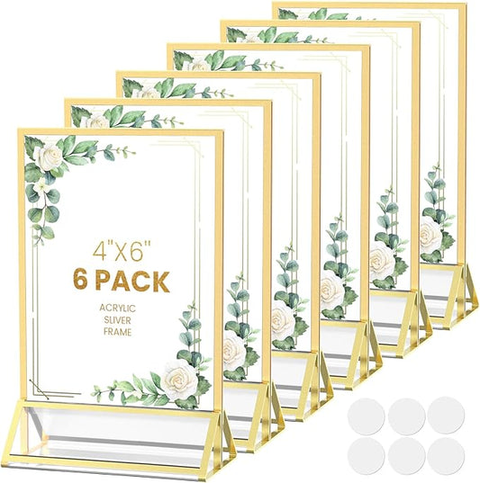4X6 Acrylic Sign Holder Tabletop Gold Frames 4X6 Picture Frames for Wedding Table Numbers Display Stand Flyer Holder with Double Sided Sticky Dots-6Pack