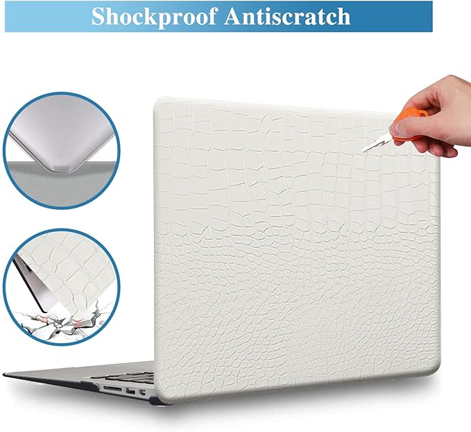 KEROM Compatible with MacBook Air 13 inch Case 2025-2022 M4 M3 M2 A3240 A3113 A2681, Textured Elegant Luxury Crocodile Skin Aligator Skin Snakeskin PU Leather Hard Shell Case & Keyboard Cover, White