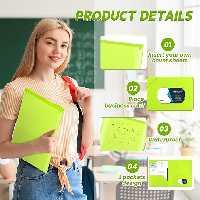 Henoyso 36 Pcs Plastic Folders with Clear Front Pockets Heavy Duty File Folders with 2 Pockets and Card Slot for Student Communication School Office Presentation Report (Fluorescent Green)