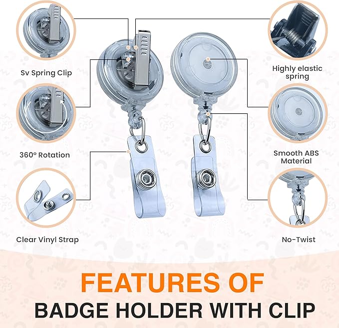 25 Pack Badge Reels Retractable Badge Holder with Clip, ID Badge Reel, Retractable Clip with Clear Vinyl Strap & Alligator Swivel, No Twist Dispenser (Clear)