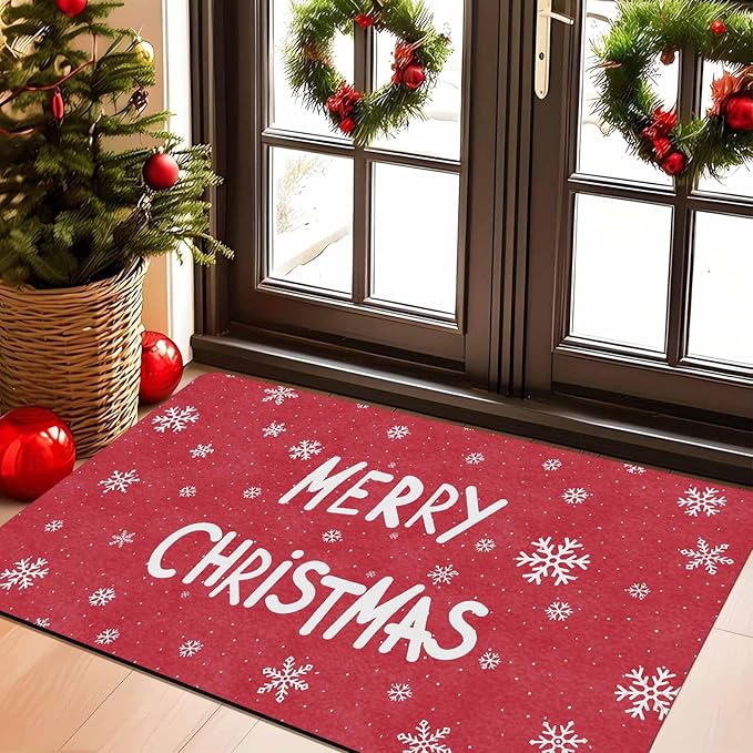 Christmas Door Mat for Indoor Outdoor Merry Christmas Snowflakes Welcome Mat Home Decor Non-Slip Rug Perfect for Front Door and Entryway Easy Clean, 18" x 30"Inch