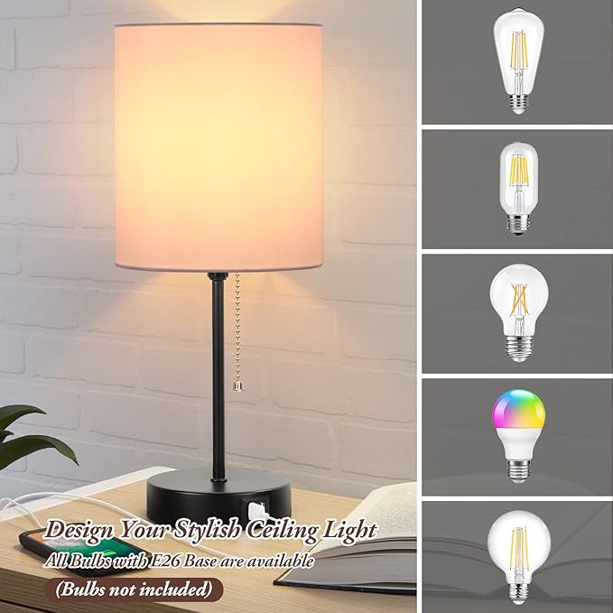 Table Lamps Set of 2 with USB Charging Ports, Pink Bedside Lamps with AC Outlet, Nightstand Lamps with Pull Chain Switch, Minimalist Modern Desk Lamps with Fabric Shade for Living Room Bedroom Office