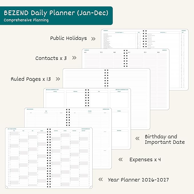 BEZEND Appointment Book 2026 Daily Planner, Quarter-Hourly in 4 Columns (Large-8.25" x 11.75") Page per Day Even Weekend, Monthly View with Tab & Weekly Schedule, PU Leather Softcover in Black