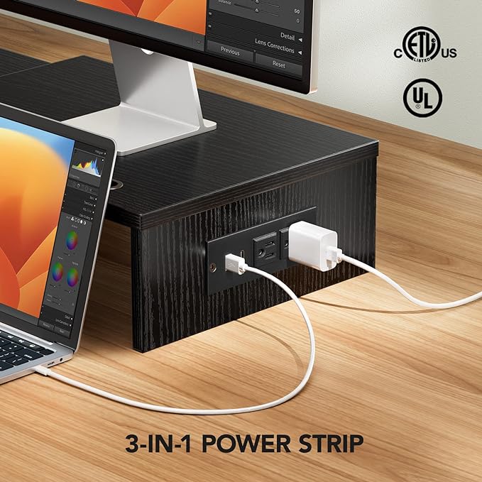 HUANUO Dual Monitor Stand -Monitor Stand with USB ports ,Adjustable Length and Angle, Dual monitor riser w/ Desktop Socket, Monitor Stand Riser for PC, Computer, Laptop (Black)