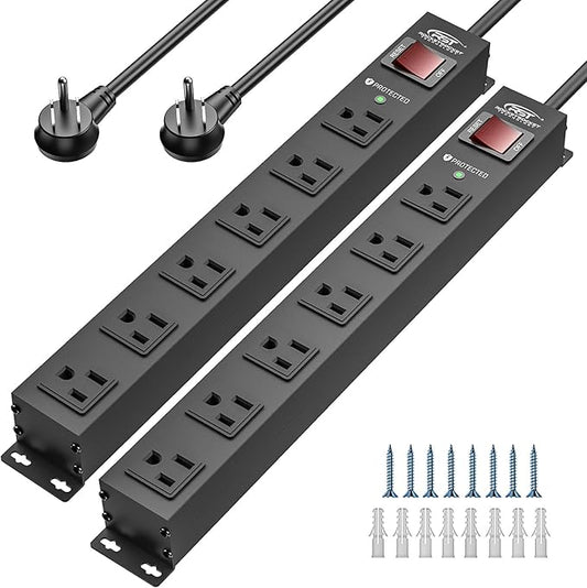 CRST 2Pack 6 Outlet Heavy Duty Power Strip with Switch, 15A/1875W Metal Mountable Power Strip Surge Protector 2100Joules, Wide Spaced Power Bar for Garage Worshop Home School, 6 FT Cord(Black)