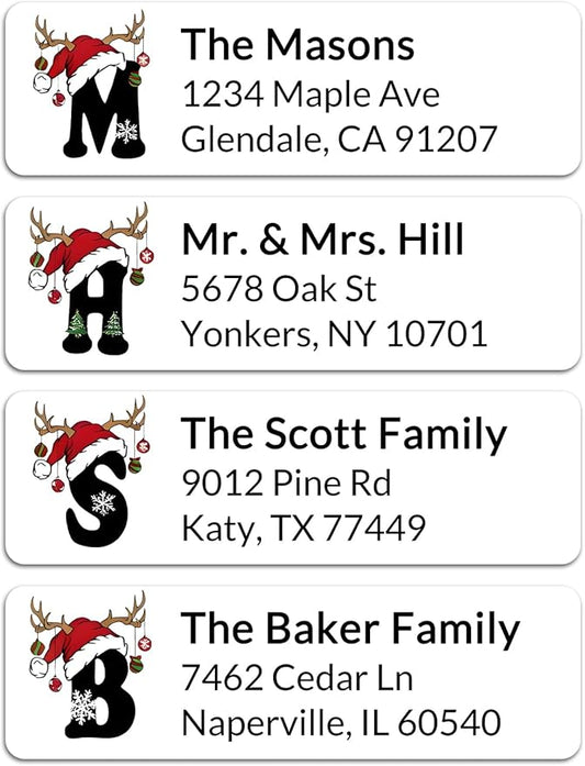 Personalized Christmas Address Labels - Custom Address Labels with Monogram (Reindeer Topper)