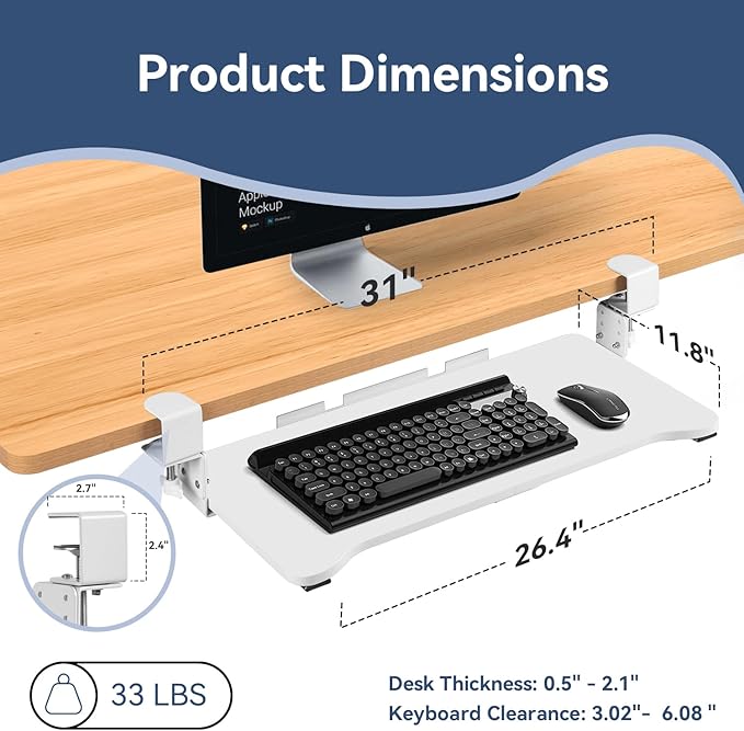 VUSIGN Keyboard Tray Under Desk Height Adjustable,Pull Out with Adjustable C Clamp Mount System for L-Shaped Tables, Extra Sturdy, 26.4” x 11.8” Slide-Out Platform Computer Drawer for Typing,White