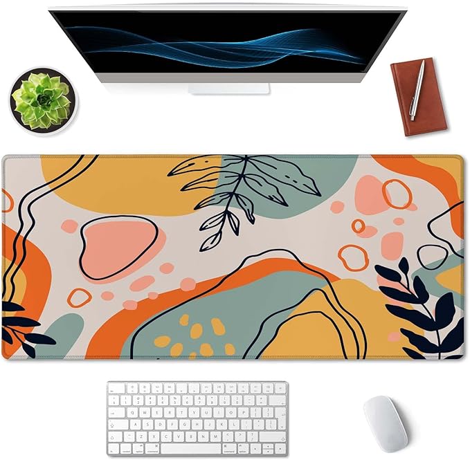 SSOIU Colorful Floral Boho Desk Mat, Abstract Mouse Pad, Extended, Extra Large, Non-Slip Water-Resistant Rubber Base, 35.5 x 15.7-inch