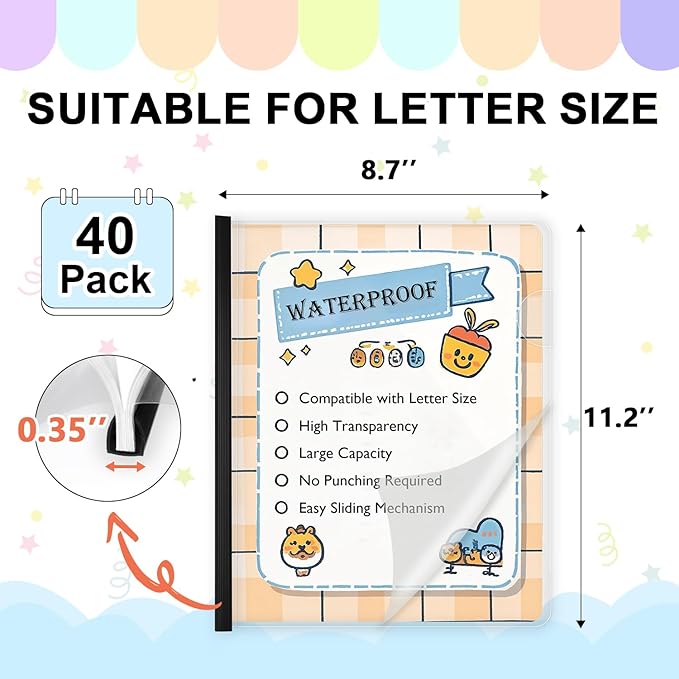 TOTiyea 40 Pack Clear Report Covers with Sliding Bars, 9mm (40 Sheet Capacity) Black Sliding Bar File Folders, for Letter Size