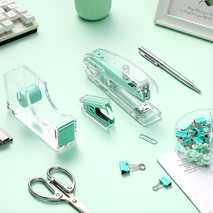 Office Supplies Set Desk Accessory Kit, Acrylic Stapler Set Staple Remover, Tape Dispenser, Binder Clips, Paper Clips, Ballpoint Pen and Scissor with 1000 Pieces 26/6 Staples (Green)