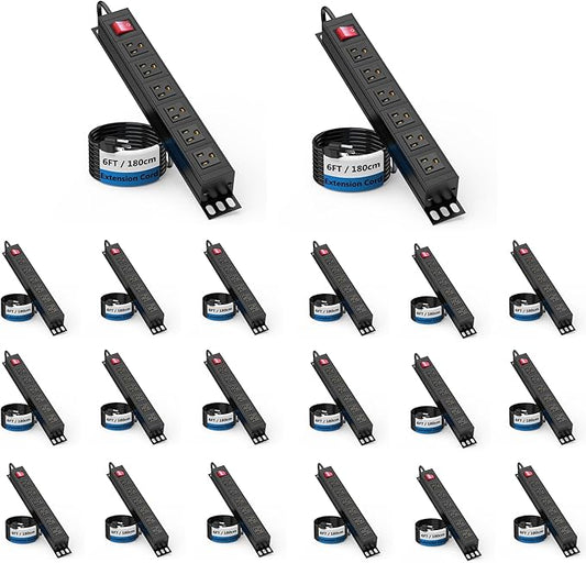 20PCS 6 Outlet Power Strip, Metal Mountable Power Strip Surge Protector, Heavy Duty Wall Mount Power Outlet for Commercial, Industrial, Workshop, Long Power Cord, 15A/125V 1875W