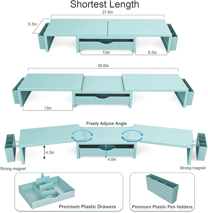 gianotter Dual Monitor Stand Riser, Desk Organizer With Drawer and 2 Pen Holders, Monitor Stand for Desk, Office Decor Essentials (Blue)
