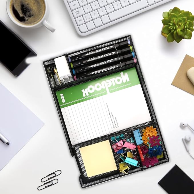 Desk Drawer Organizer Tray with Adjustable Compartments, 6 Grid Metal Mesh Drawer, Multi-use Desk Organizer Storage Box Set for Office,Home,School Supplies, 12.6X9X1.9 inch