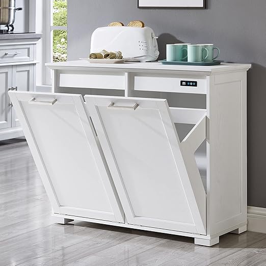 OLD CAPTAIN Double Tilt Out Trash Cabinet, Wooden Kitchen Garbage Can Free Standing Holder (White)…