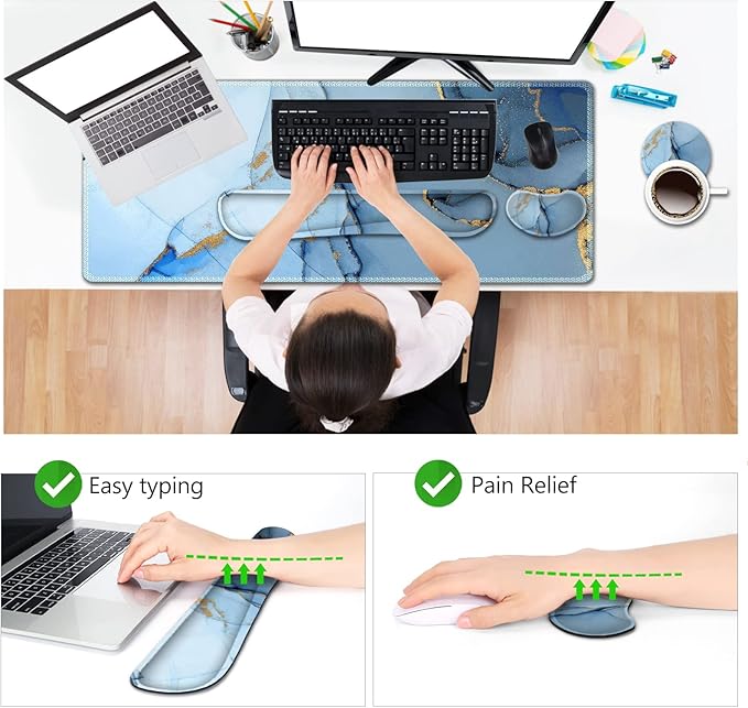AIMSA Large Gaming Mouse Pad Set, Keyboard Wrist Rest Support Mouse Pad, Ergonomic Memory Foam Multifunctional Extended Desk Mat 35x15.7in Anti-Slip Rubber Base for Office Home, Blue Marble
