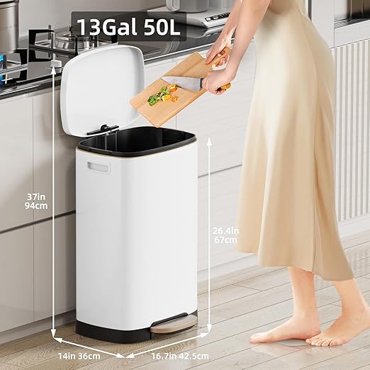 KUK 13 Gallon Kitchen Trash Can with Lid, 50L/13Gal Office Step Garbage Can for Home, Kitchen, Laundry Room, Office, Brushed Stainless Steel, White
