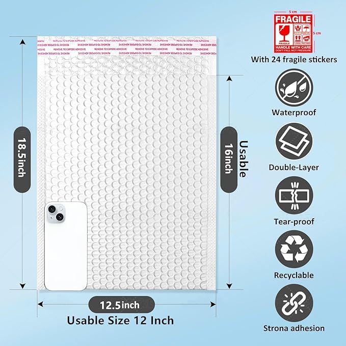 Large Bubble Mailers 12x18'' 100 Pack and 24PCS Fragile Stickers White Thick Waterproof Padded Poly Envelopes Bubble Wrap Mailers Self Seal Shipping Bag for Small Business Shipping Envelope Mailers #5
