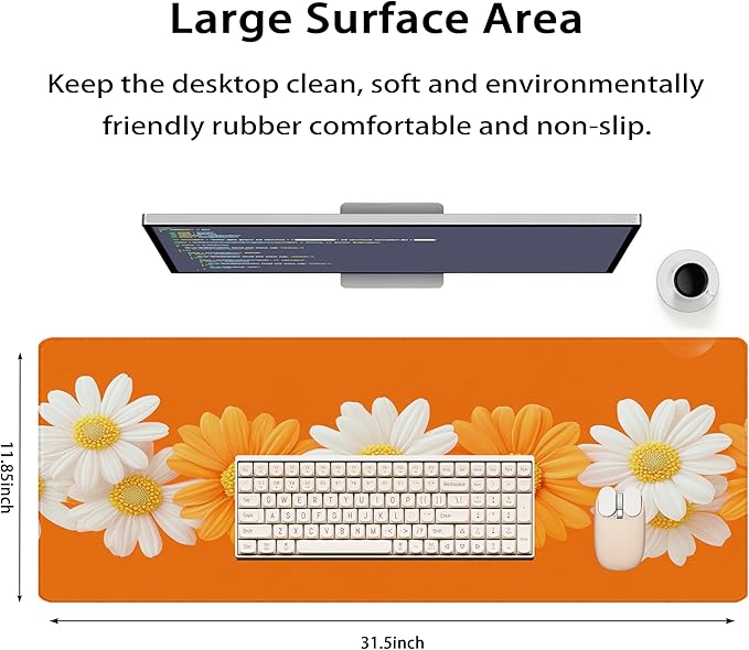 31.5”x11.8”Large Gaming Mouse Pad for Desk, Mouse Mat with Seamed Edges, Waterproof Desk Pad, Non-Slip Rubber Base, Keyboard Pad Computer Mat, Big XL Mousepad-Daisy on Orange