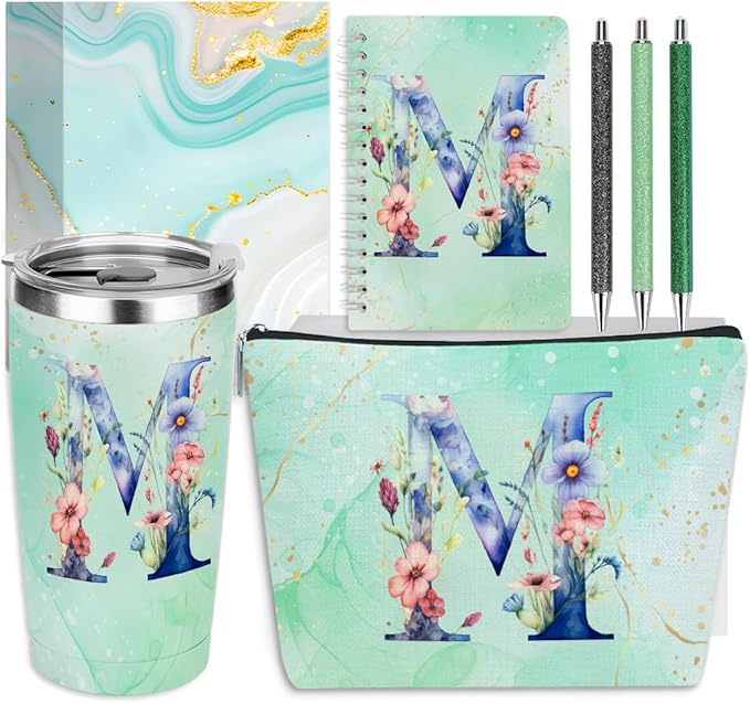 Personalized Gifts Monogrammed Birthday Gifts for Women, Her, Teacher Mother in Law Wedding Christmas Initial 20 oz Tumbler, Makeup Bag Cup Pens Journal Notebook 6 Set, (Aesthetic Green Flower M)