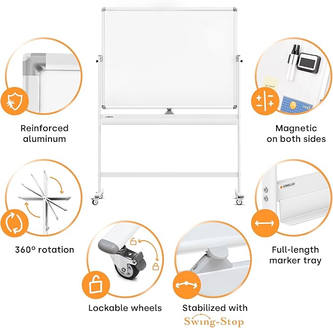 Rolling Dry Erase Board 46 x 32 - Large Portable Magnetic Whiteboard with Stand - Double Sided Easel Style with Wheels - Mobile Standing Whiteboard for Office, Classroom & Home