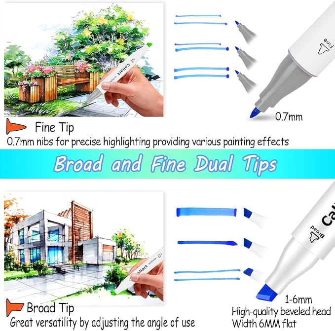 Caliart 81 Colors Alcohol Based Markers, Dual Tip Permanent Artist Art Sketch Markers for Adult Kid Coloring Book, Illustration Painting Card Making, Bonus 1 Colorless Alcohol Marker Blender