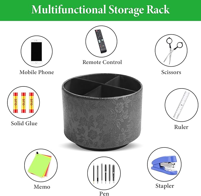 lizimandu Round Leather Art Supply Organizer,Remote Control Holder,360 Degree Spinning,Multi-Functional Pencil Holder,4 Compartments Desktop Stationary Organizer(1-Liuli Black)