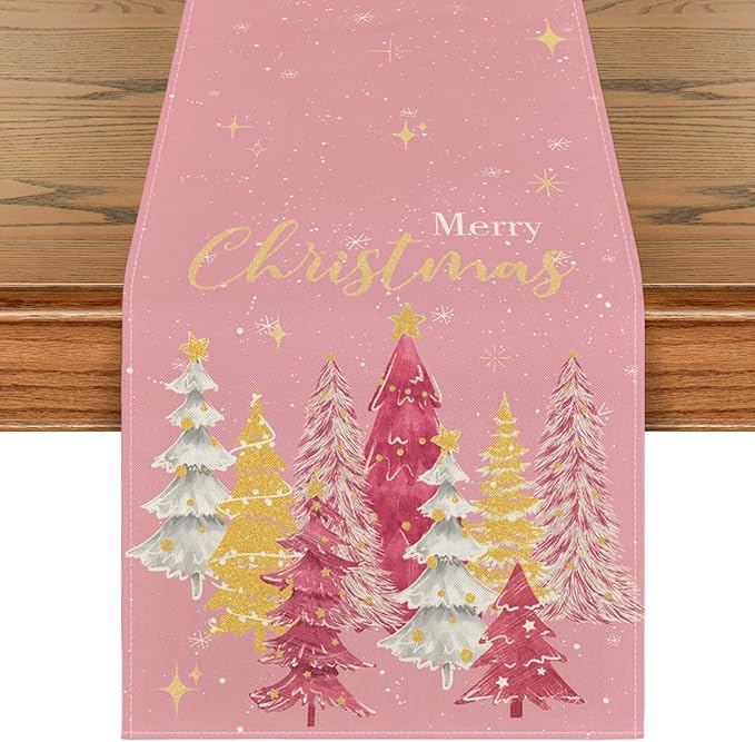 Artoid Mode Xmas Trees Merry Christmas Table Runner, Seasonal Winter Pink Kitchen Dining Table Decoration for Home Party Decor 13x72 Inch