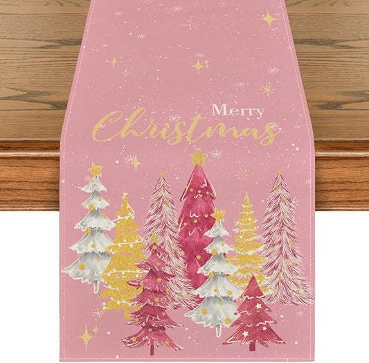 Artoid Mode Xmas Trees Merry Christmas Table Runner, Seasonal Winter Pink Kitchen Dining Table Decoration for Home Party Decor 13x72 Inch