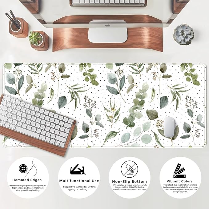 Green Mouse Pad Boho Desk Mat,Speckled Textured Greens Cool Aesthetical Mouse Pad Desk Accessories for Women Office Decor Mousepad Keyboard Pad, Non-Slip Rubber Base with Stitched Edges 31.5x11.8In