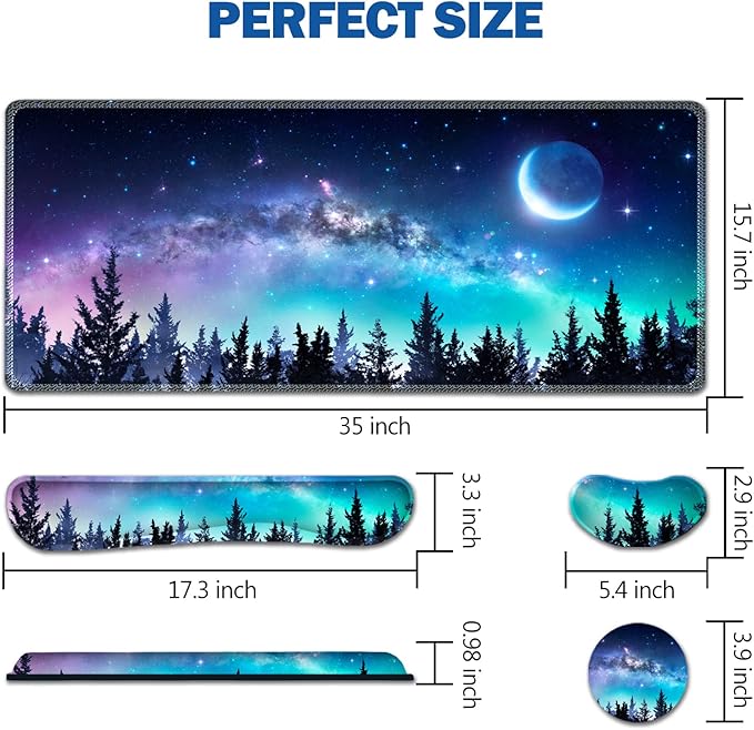 AIMSA Large Gaming Mouse Pad Set, Keyboard Wrist Rest Support + Extended Mouse Pad + Mouse Wrist Cushion + Coaster, Ergonomic Memory Foam Multifunctional Desk Mat 35x15.7inch (Forest Moon Sky)